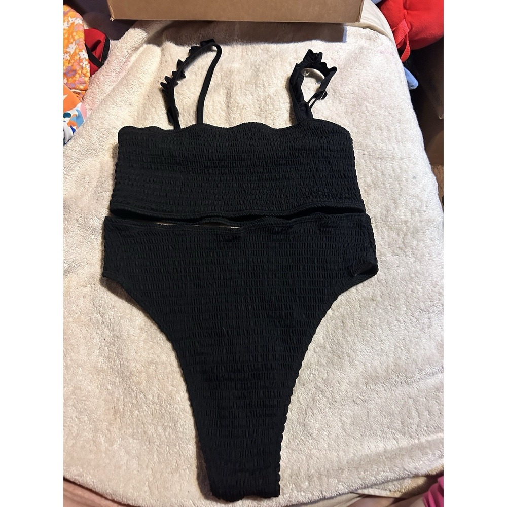 Women's Large Black Smocked Bikini Set Ruffle Strap High Waisted Swimsuit